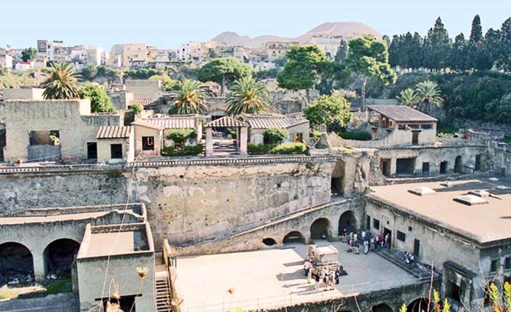 Herculaneum. October 2001. Looking north towards rear of the House of the Stags, Ins IV.21, in centre of photo above the Terrace of Balbus, lower centre, with Suburban Baths, on the right. Photo courtesy of Peter Woods.